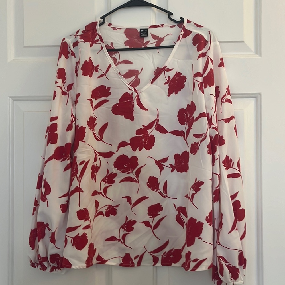 Shein Size large, red floral, print blouse.